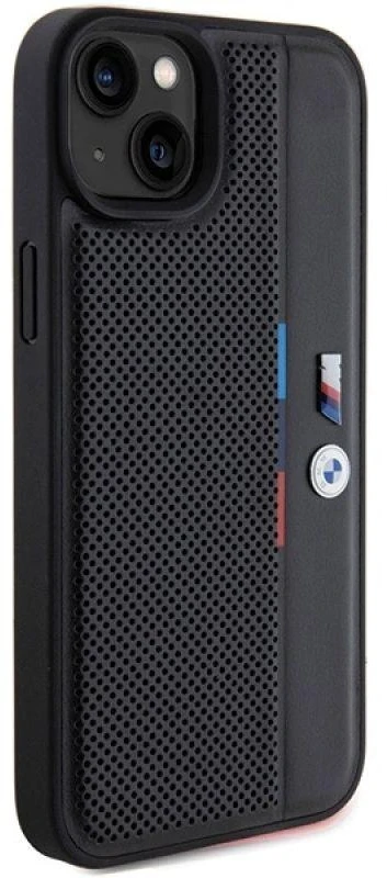 Dėklas BMW BMHCP15M23 PUPVK Apple iPhone 15 Plus 14 Plus 6.7″ juodos spalvos kietas dėklas Perforated Tricolor Line