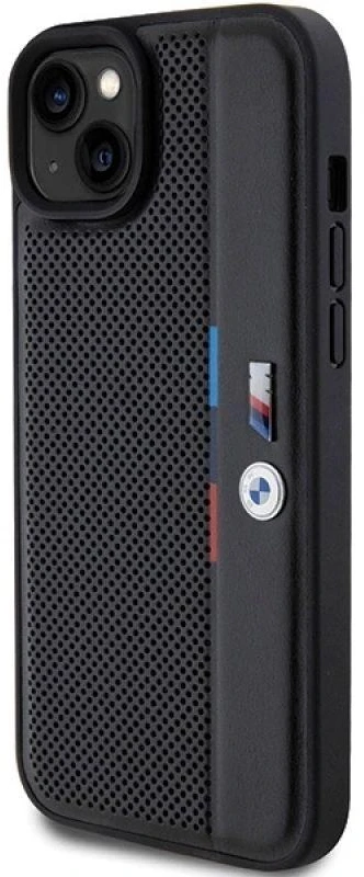 Dėklas BMW BMHCP15M23 PUPVK Apple iPhone 15 Plus 14 Plus 6.7″ juodos spalvos kietas dėklas Perforated Tricolor Line