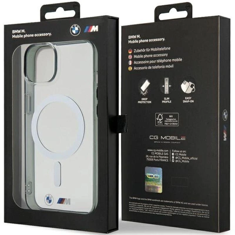 BMW BMHMP15SHCRS Apple iPhone 15 / 14 / 13 6.1" skaidrus dėklas hardcase Sidabrinis Ring MagSafe