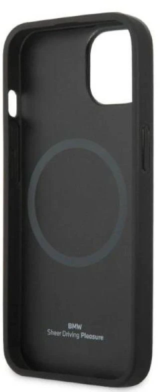 BMW BMHMP14MSLLBK Apple iPhone 14 Plus / 15 Plus 6,7″ juodos spalvos kietas dėklas Signature Logo Imprint Mag