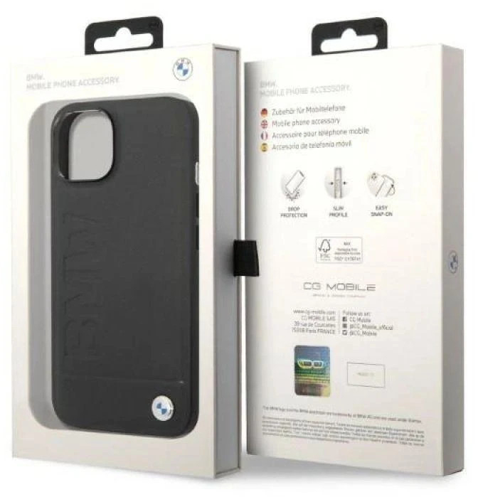 BMW BMHMP14MSLLBK Apple iPhone 14 Plus / 15 Plus 6,7″ juodos spalvos kietas dėklas Signature Logo Imprint Mag