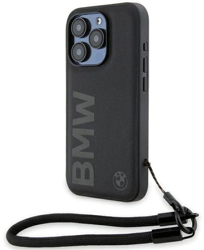 Dėklas BMW BMHCP15L23RMRLK Apple iPhone 15 Pro 6.1″ juodos spalvos kietas dėklas Signature Leather Wordmark Cord