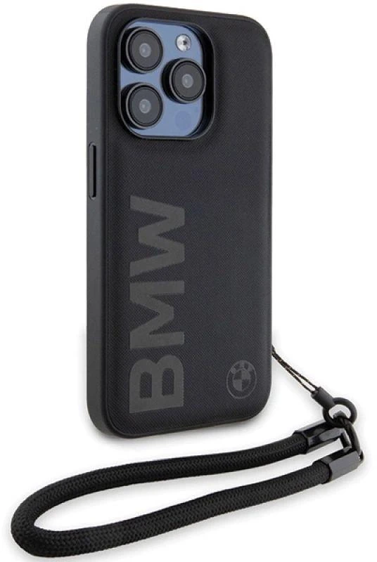 Dėklas BMW BMHCP15L23RMRLK Apple iPhone 15 Pro 6.1″ juodos spalvos kietas dėklas Signature Leather Wordmark Cord