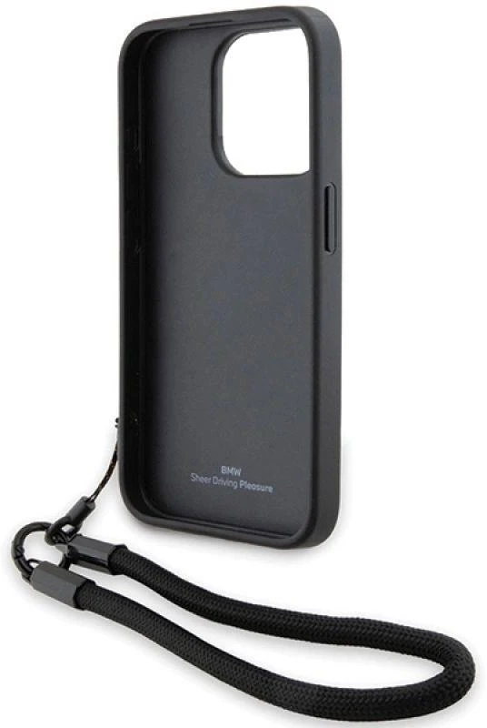 Dėklas BMW BMHCP15L23RMRLK Apple iPhone 15 Pro 6.1″ juodos spalvos kietas dėklas Signature Leather Wordmark Cord