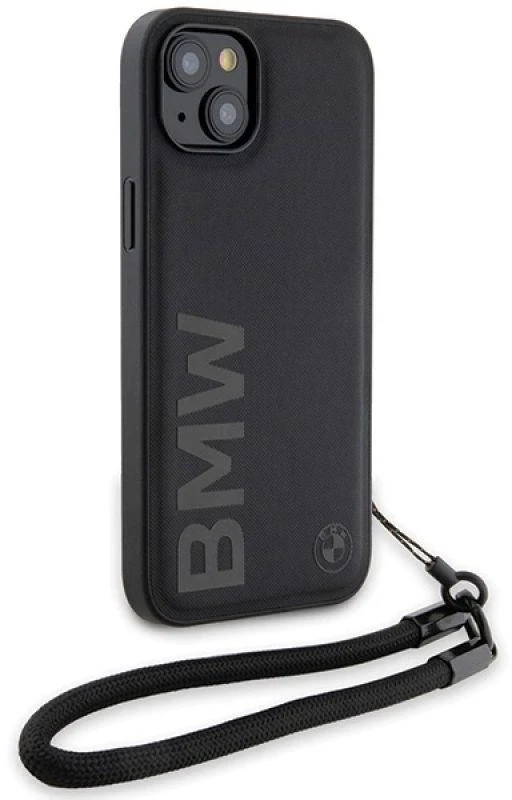 Dėklas BMW BMHCP15M23RMRLK Apple iPhone 15 Plus 14 Plus 6.7″ juodos spalvos kietas dėklas Signature Leather Wordmark Cor