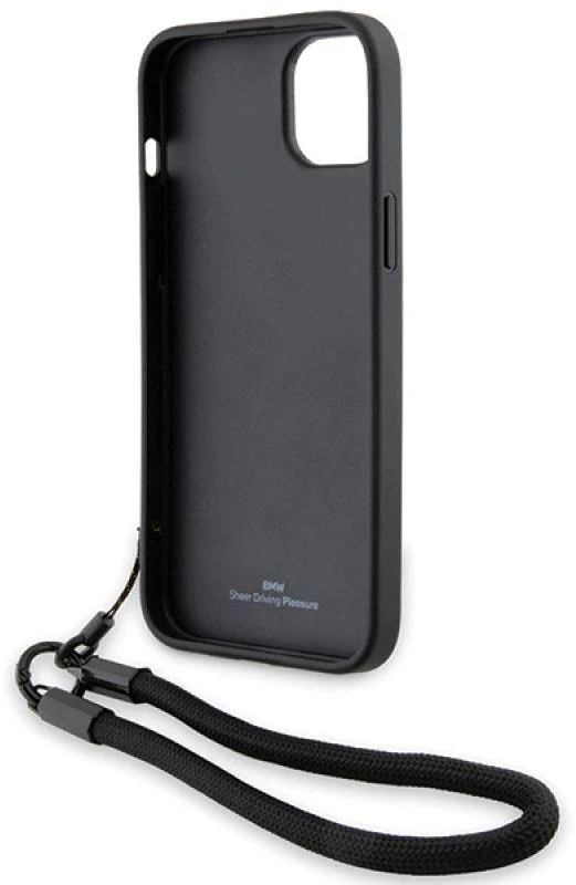 Dėklas BMW BMHCP15M23RMRLK Apple iPhone 15 Plus 14 Plus 6.7″ juodos spalvos kietas dėklas Signature Leather Wordmark Cor
