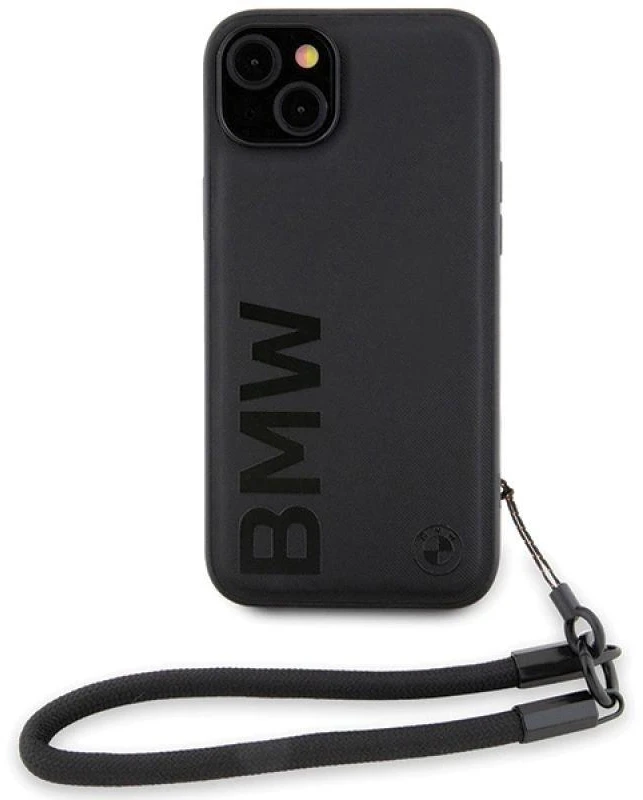 Dėklas BMW BMHCP15M23RMRLK Apple iPhone 15 Plus 14 Plus 6.7″ juodos spalvos kietas dėklas Signature Leather Wordmark Cor