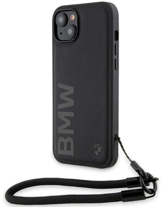 Dėklas BMW BMHCP15M23RMRLK Apple iPhone 15 Plus 14 Plus 6.7″ juodos spalvos kietas dėklas Signature Leather Wordmark Cor