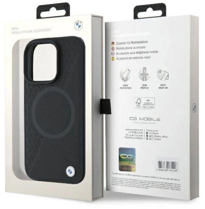 BMW BMHMP16L23RTPK Apple iPhone 16 Pro 6.3″ juodos spalvos kietas dėklas Sign Leather Half Textured And Circle Mag