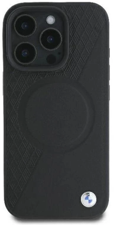 BMW BMHMP16L23RTPK Apple iPhone 16 Pro 6.3″ juodos spalvos kietas dėklas Sign Leather Half Textured And Circle Mag