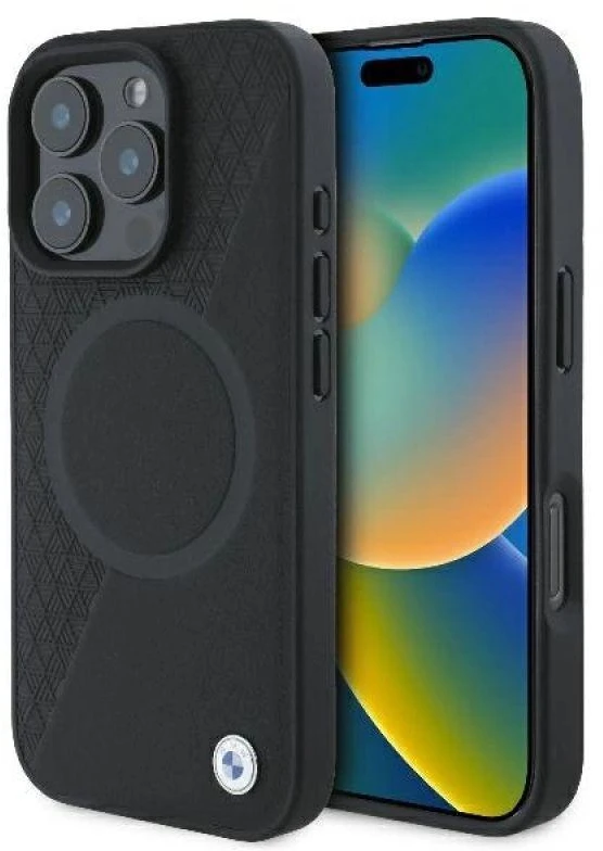 BMW BMHMP16L23RTPK Apple iPhone 16 Pro 6.3″ juodos spalvos kietas dėklas Sign Leather Half Textured And Circle Mag