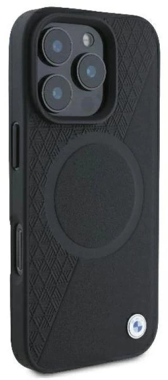 BMW BMHMP16L23RTPK Apple iPhone 16 Pro 6.3″ juodos spalvos kietas dėklas Sign Leather Half Textured And Circle Mag