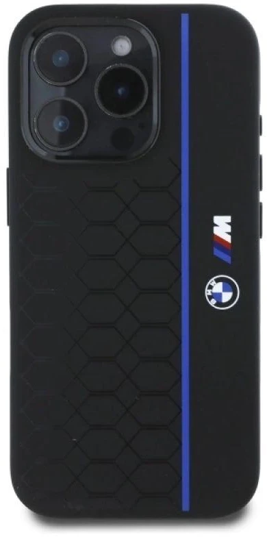 BMW BMHMP16X23SHEB Apple iPhone 16 Pro Max 6.9″ juodos spalvos kietas dėklas Silicone Hexagon Mėlyna Line MagSa