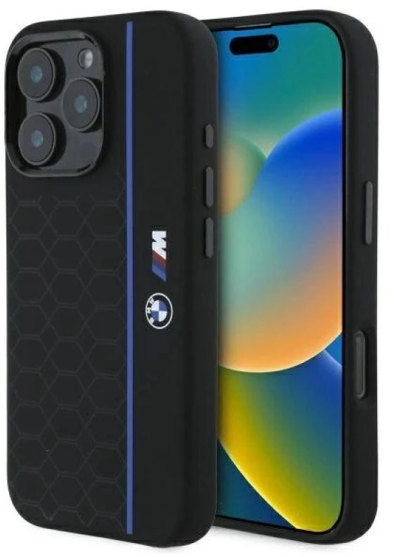 BMW BMHMP16X23SHEB Apple iPhone 16 Pro Max 6.9″ juodos spalvos kietas dėklas Silicone Hexagon Mėlyna Line MagSa