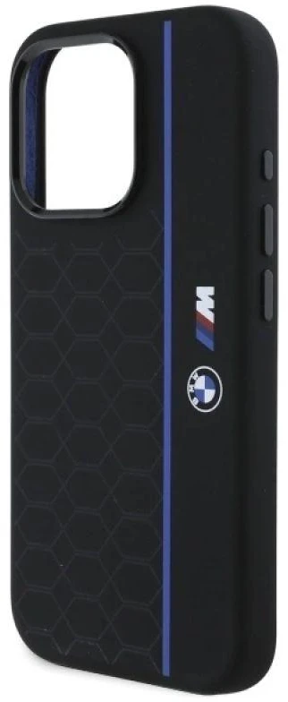 BMW BMHMP16X23SHEB Apple iPhone 16 Pro Max 6.9″ juodos spalvos kietas dėklas Silicone Hexagon Mėlyna Line MagSa