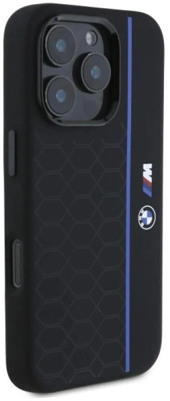 BMW BMHMP16X23SHEB Apple iPhone 16 Pro Max 6.9″ juodos spalvos kietas dėklas Silicone Hexagon Mėlyna Line MagSa