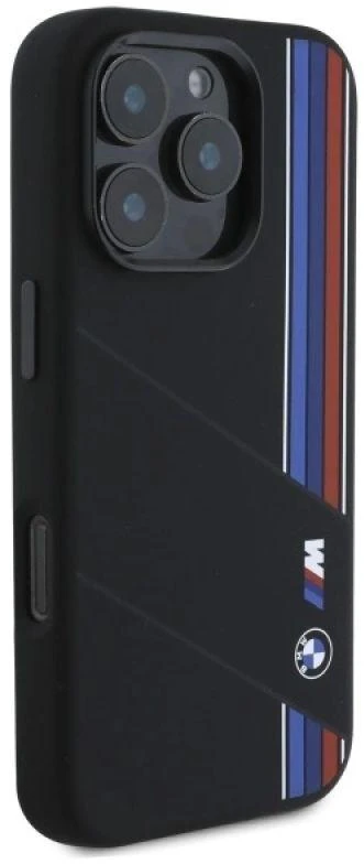 BMW BMHMP16X23SCUK Apple iPhone 16 Pro Max 6.9″ juodos spalvos kietas dėklas Silicone Cut Tricolor Lines MagSafe