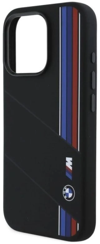 BMW BMHMP16X23SCUK Apple iPhone 16 Pro Max 6.9″ juodos spalvos kietas dėklas Silicone Cut Tricolor Lines MagSafe