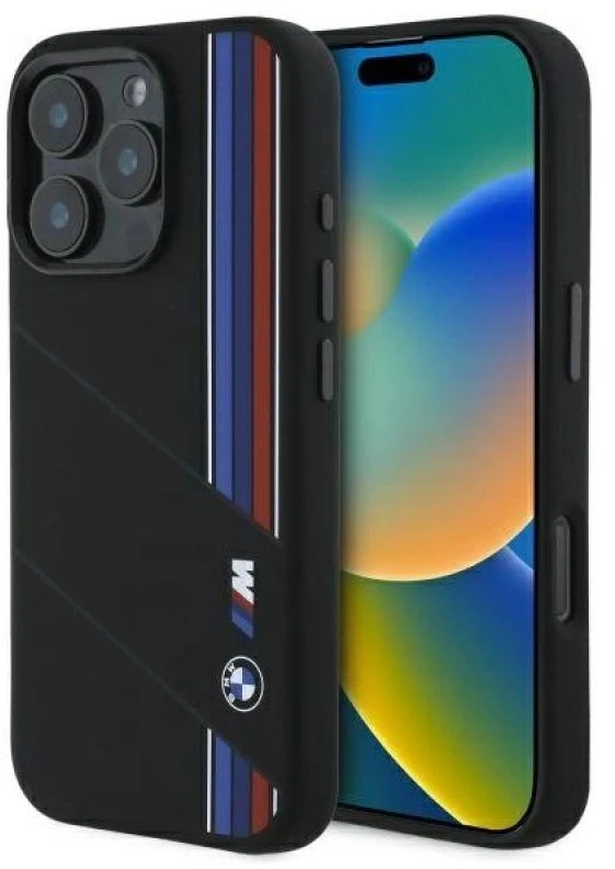 BMW BMHMP16X23SCUK Apple iPhone 16 Pro Max 6.9″ juodos spalvos kietas dėklas Silicone Cut Tricolor Lines MagSafe