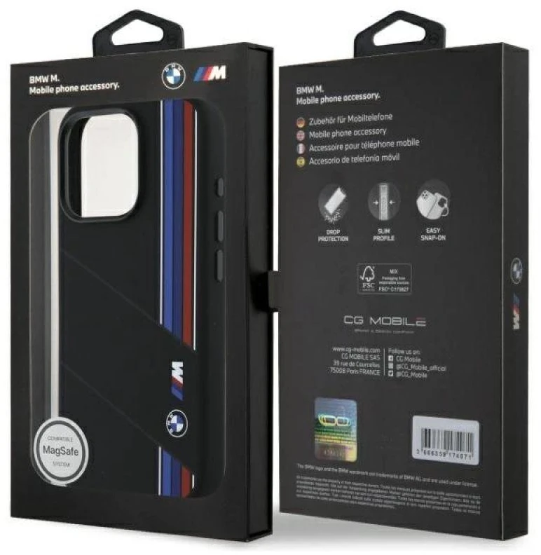 BMW BMHMP16X23SCUK Apple iPhone 16 Pro Max 6.9″ juodos spalvos kietas dėklas Silicone Cut Tricolor Lines MagSafe