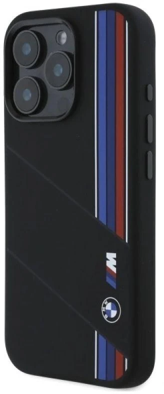 BMW BMHMP16X23SCUK Apple iPhone 16 Pro Max 6.9″ juodos spalvos kietas dėklas Silicone Cut Tricolor Lines MagSafe