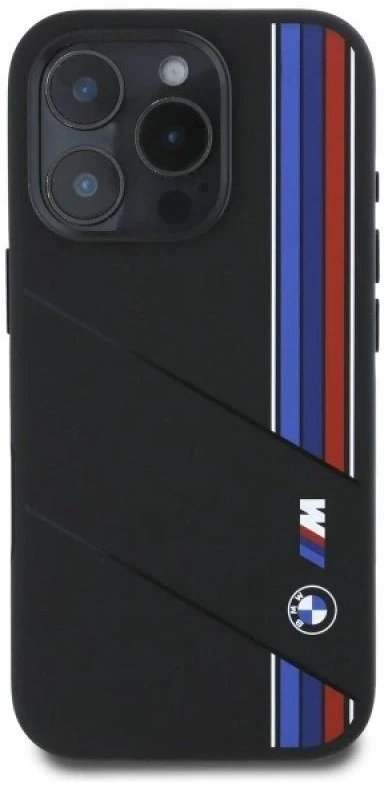 BMW BMHMP16X23SCUK Apple iPhone 16 Pro Max 6.9″ juodos spalvos kietas dėklas Silicone Cut Tricolor Lines MagSafe