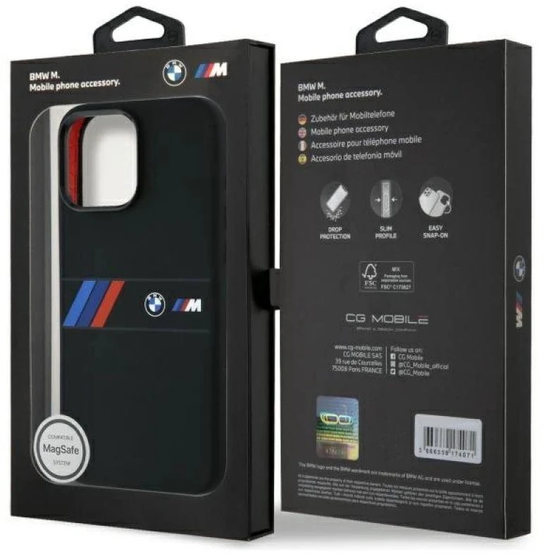 BMW BMHMP16X23SAXK Apple iPhone 16 Pro Max 6.9″ juodos spalvos kietas dėklas Silicone Middle Stripe MagSafe
