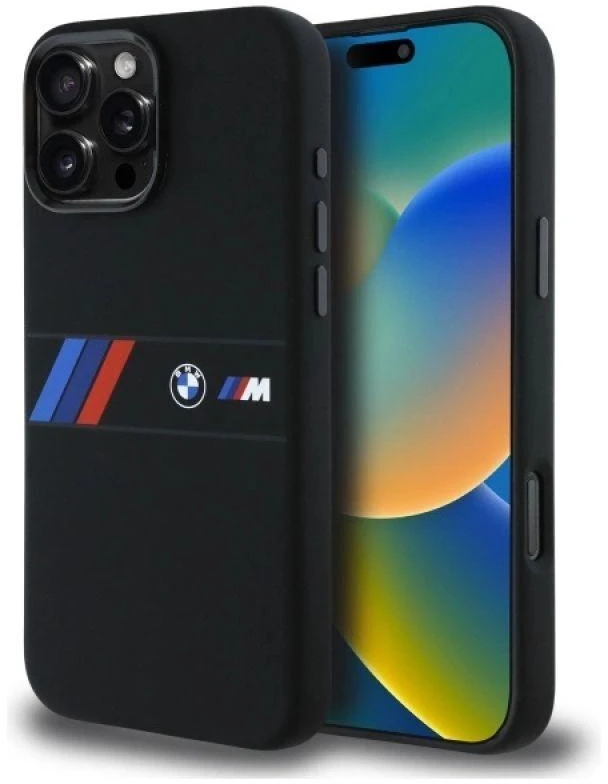 BMW BMHMP16X23SAXK Apple iPhone 16 Pro Max 6.9″ juodos spalvos kietas dėklas Silicone Middle Stripe MagSafe