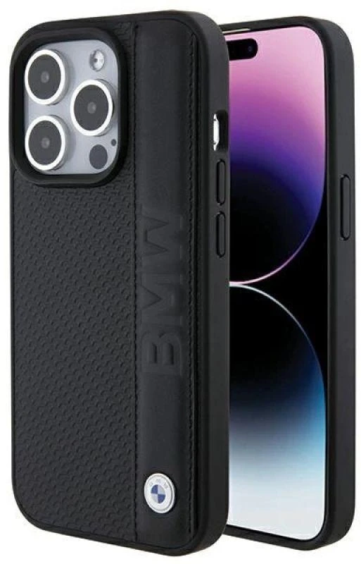 Dėklas BMW BMHCP15L22RDPK Apple iPhone 15 Pro 6.1″ juodos spalvos kietas dėklas Leather Textured & Stripe