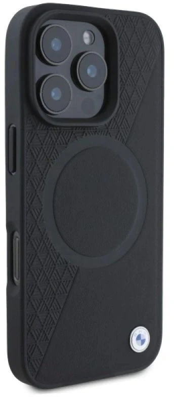 BMW BMHMP16X23RTPK Apple iPhone 16 Pro Max 6.9″ juodos spalvos kietas dėklas Sign Leather Half Textured And Circle MagSa