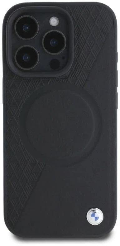 BMW BMHMP16X23RTPK Apple iPhone 16 Pro Max 6.9″ juodos spalvos kietas dėklas Sign Leather Half Textured And Circle MagSa