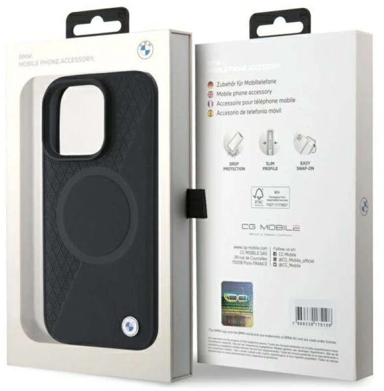 BMW BMHMP16X23RTPK Apple iPhone 16 Pro Max 6.9″ juodos spalvos kietas dėklas Sign Leather Half Textured And Circle MagSa
