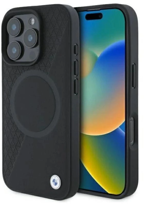 BMW BMHMP16X23RTPK Apple iPhone 16 Pro Max 6.9″ juodos spalvos kietas dėklas Sign Leather Half Textured And Circle MagSa
