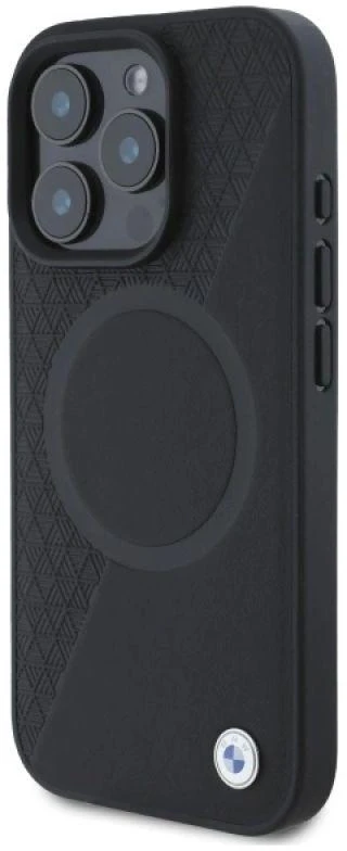 BMW BMHMP16X23RTPK Apple iPhone 16 Pro Max 6.9″ juodos spalvos kietas dėklas Sign Leather Half Textured And Circle MagSa