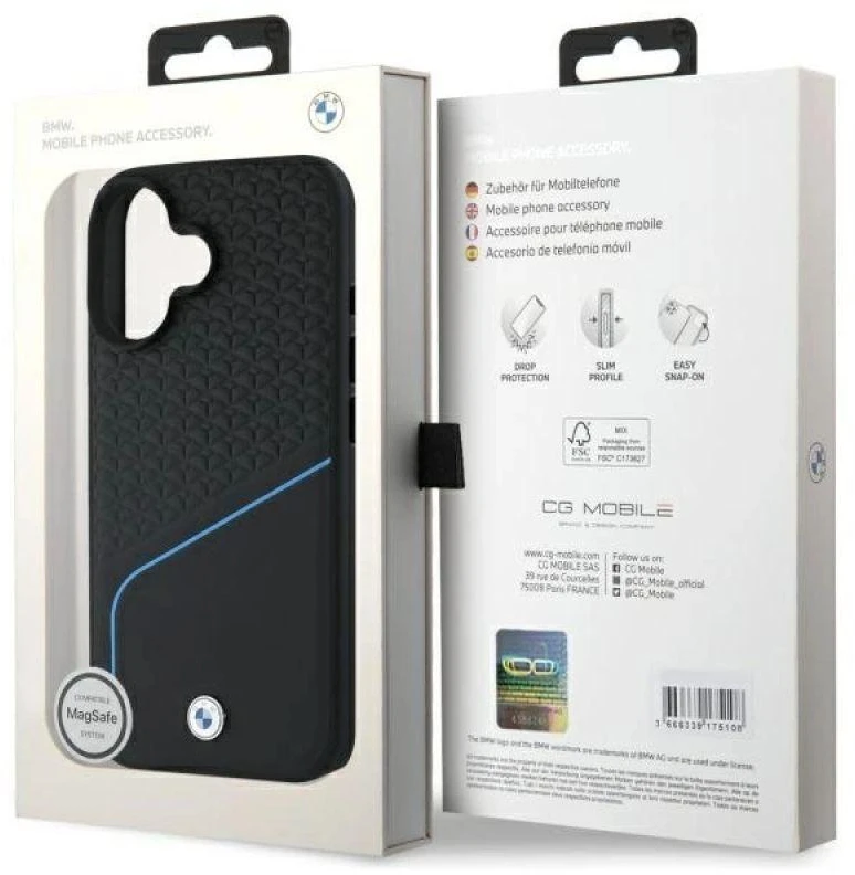 BMW BMHMP16S23RDCLK Apple iPhone 16 6.1″ juodos spalvos kietas dėklas Sign Leather Textured And Line MagSaf