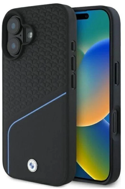 BMW BMHMP16S23RDCLK Apple iPhone 16 6.1″ juodos spalvos kietas dėklas Sign Leather Textured And Line MagSaf