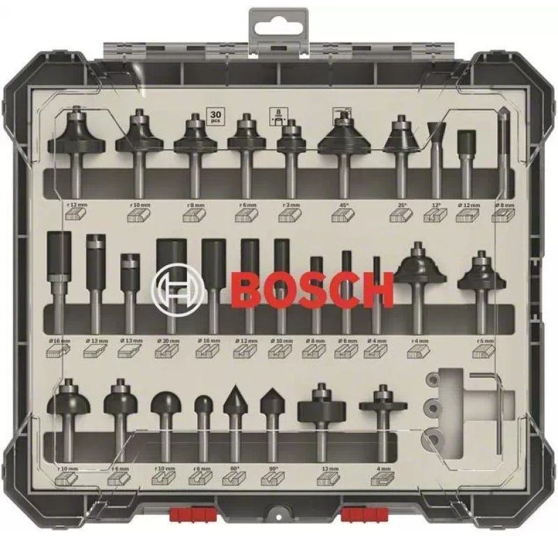 Bosch frezų rinkinys, 30 vnt., mišrus, 8 mm kotu, 2607017475
