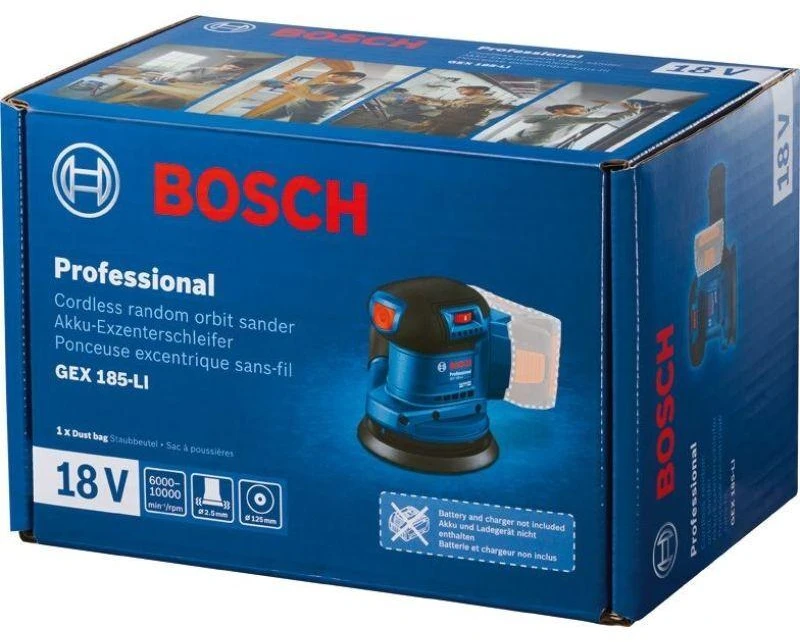 Ekscentrinis šlifuoklis Bosch GEX 185-LI Professional; 18 V (be akumuliatoriaus ir pakrovėjo)