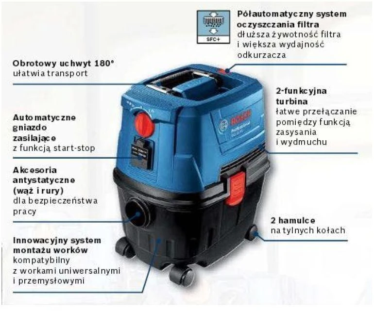 Bosch dulkių siurblys GAS 15 PS 15L su maitinimo lizdu įrankiui