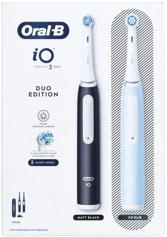 Braun iOG3d.2i6.2K Oral-B iO3 Elektrinis Dantų Šepetėlis Matt Juodas/Ice Mėlyna Duo Pack Edition