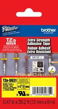 Brother | TZe-S631 Strong Adhesive Laminated Tape | Juodas on Geltona | TZe | 8 m | 1.2 cm