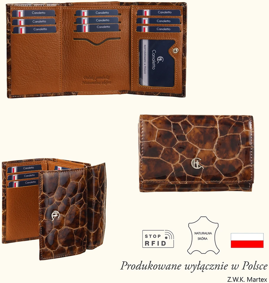CALANDRA Portfel skórzany Damski Canaletto Lakierowany Ochrona RFID