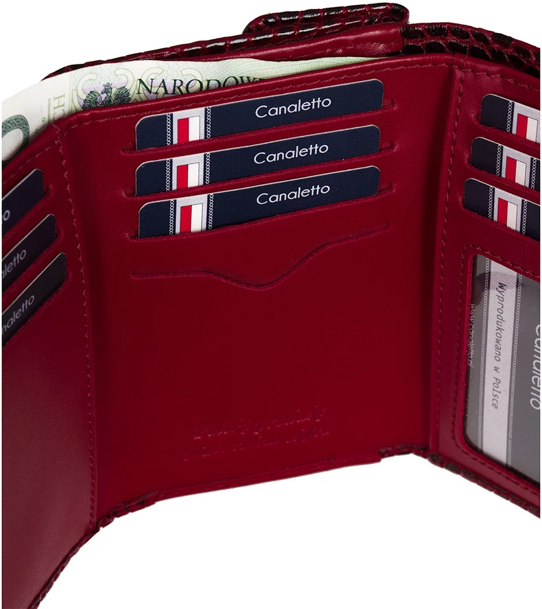 CALANDRA Portfel skórzany Damski Canaletto bordo premium krokodyl RFID