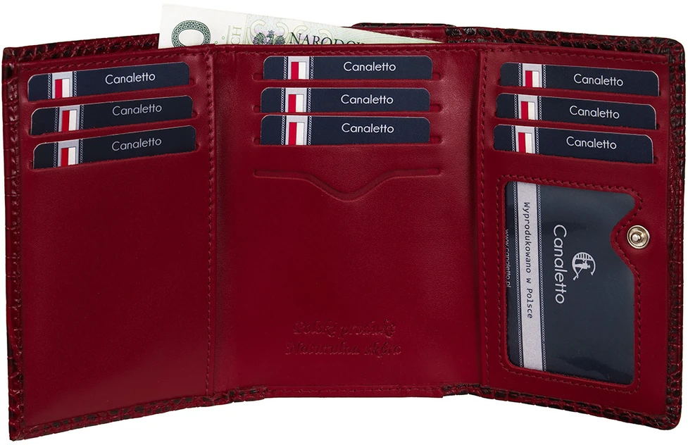 CALANDRA Portfel skórzany Damski Canaletto bordo premium krokodyl RFID