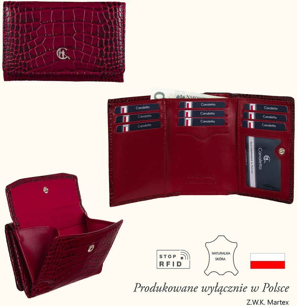 CALANDRA Portfel skórzany Damski Canaletto bordo premium krokodyl RFID