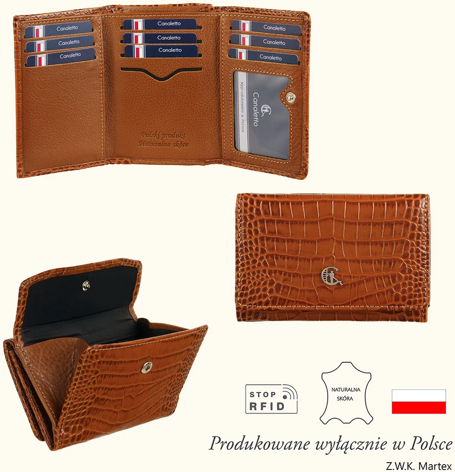 CALANDRA Portfel skórzany Damski Canaletto ruda krokodyl RFID