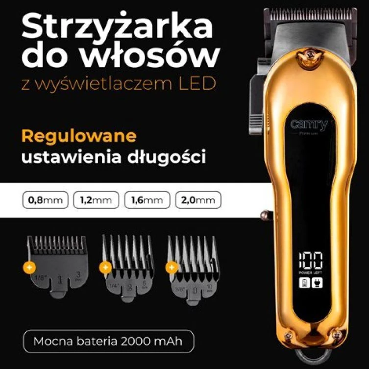 Camry plaukų kirpimo mašinėlė su LCD ekranu | CR 2844 | Belaidis | Ilgio žingsnių skaičius 4 | Auksas