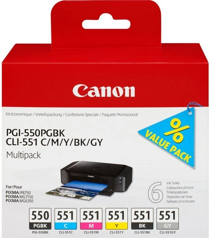 Canon PGI-550PGBK + CLI551 (PGBK/C/M/Y/BK/GY) Originalus Foto juoda, Foto žydra, Foto pilka, Foto magenta, Juoda, Fotografinė geltona 6 vnt