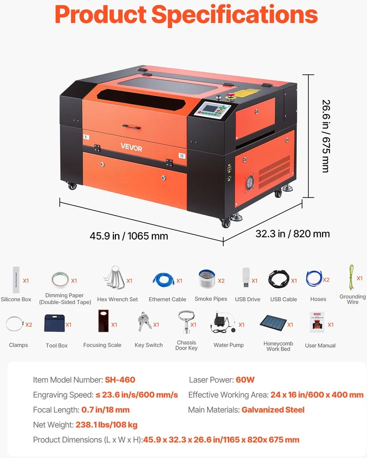 VEVOR 60W CO2 lazerinis graviravimo ir pjovimo įrenginys