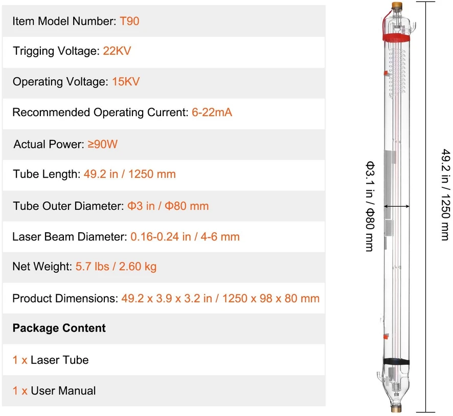 VEVOR 90W CO2 lazerio vamzdis 1250 mm